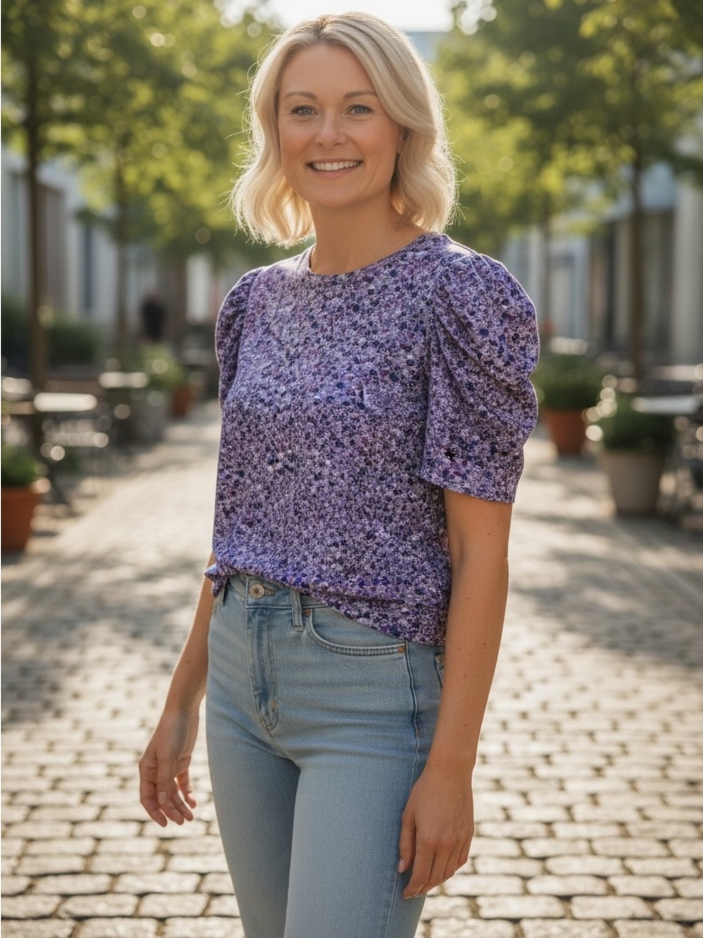 Amazon Purple Floral Puff-Sleeve Blouse